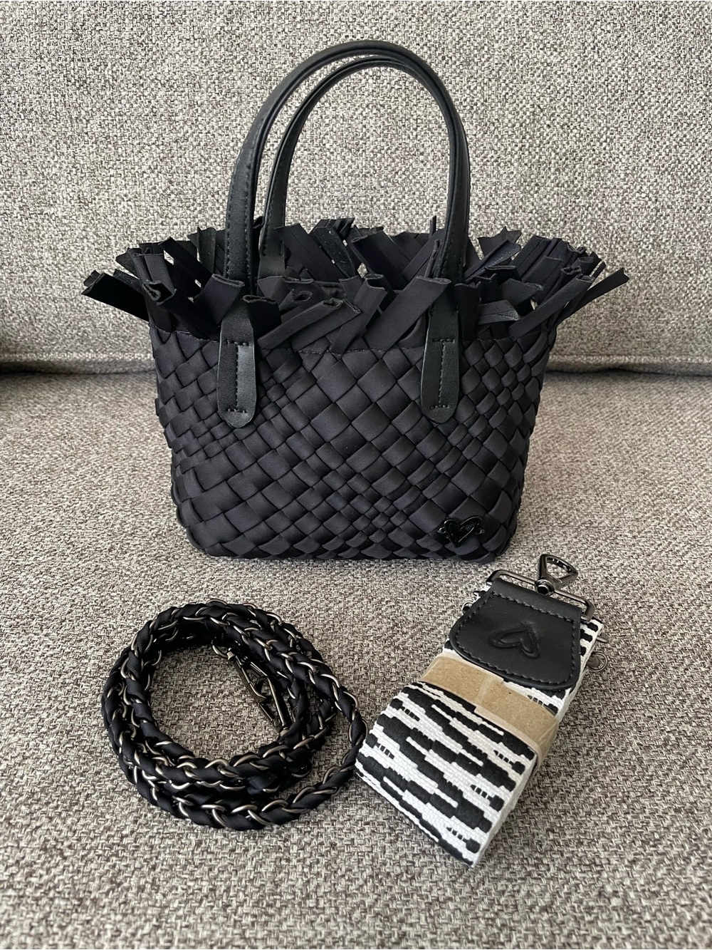 🖤 Prenelove black woven fringe top crossbody bag / with 2 removable straps